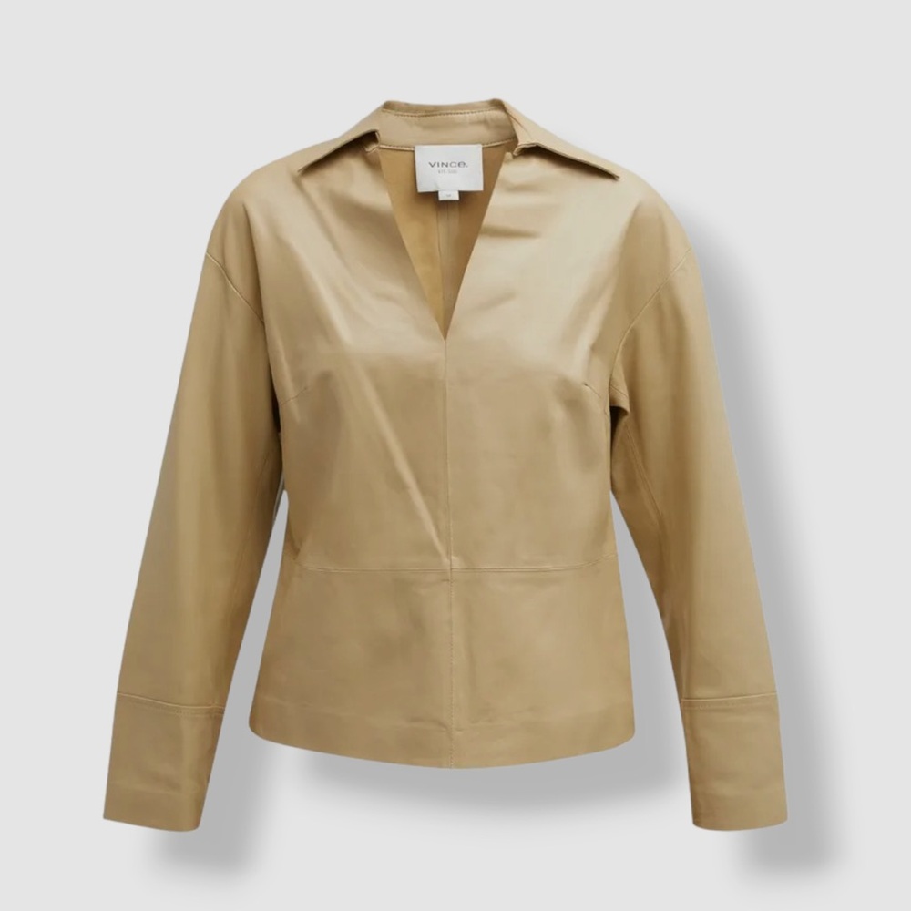 Vince Women's Beige Leather Popover Long Sleeve Shirt Blouse Top Size M